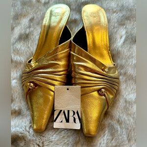 Zara ladies kitten heels metallic gold shoes size 8 - 8 1/2 or 39